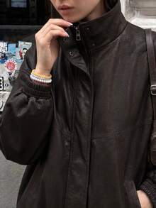 女款時尚修身摩卡棕色PU飛行員夾克，立領隱藏式拉鍊收腰下擺，秋冬戶外外套 - 摩卡棕 - 查看 4