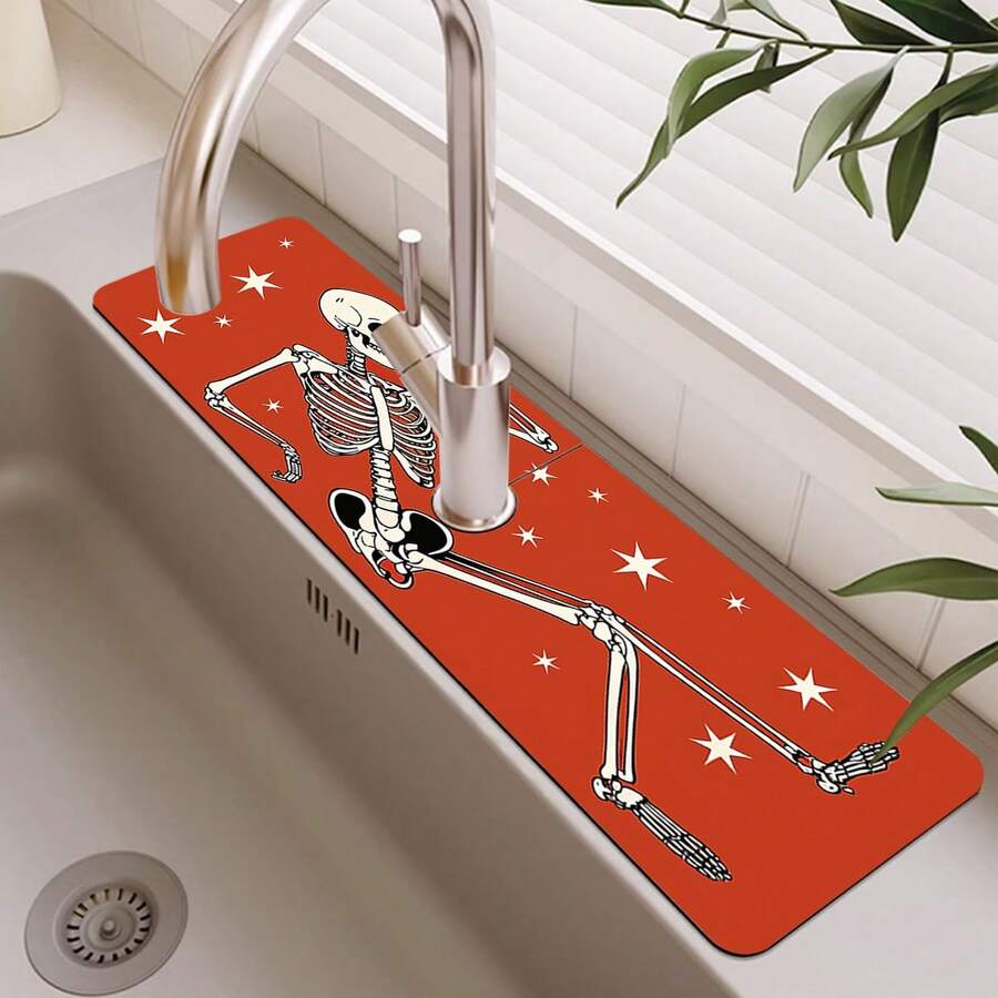 1pc Halloween Skull Pattern Sink Faucet Absorbent Mat, Drainage Mat, Suitable For Kitchen, Bathroom Sink, Countertop, Drainage Mat, Diatomaceous Earth Material, Trimmable, Quick-Dry Mat - Multicolor - View 1