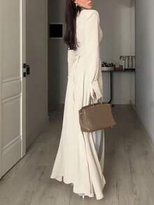 Women's Elegant Minimalist Stand Collar Long Sleeve High Slit Long Top Robe (With Shoulder Pads) Solid Color Back Tie High Slit To Thigh Long Top, Suitable For Daily Wear And Dating In Autumn/Winter - Apricot - View 3