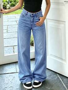 Tween Girl's (Big) Denim Jeans, Retro Vintage Washed Versatile Wide Leg H Outdoor Jeans - Light Wash - View 2