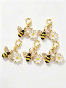 1/5/10pcs White Daisy & Rhinestone Bee Lobster Clasp Keychain Set, Sweet Sunflower Floral Pendant, Bag/Wallet/Backpack/Handbag And Car Charm, Ideal Gift For Wedding, Party, Graduation, Halloween - Multicolor - View 9