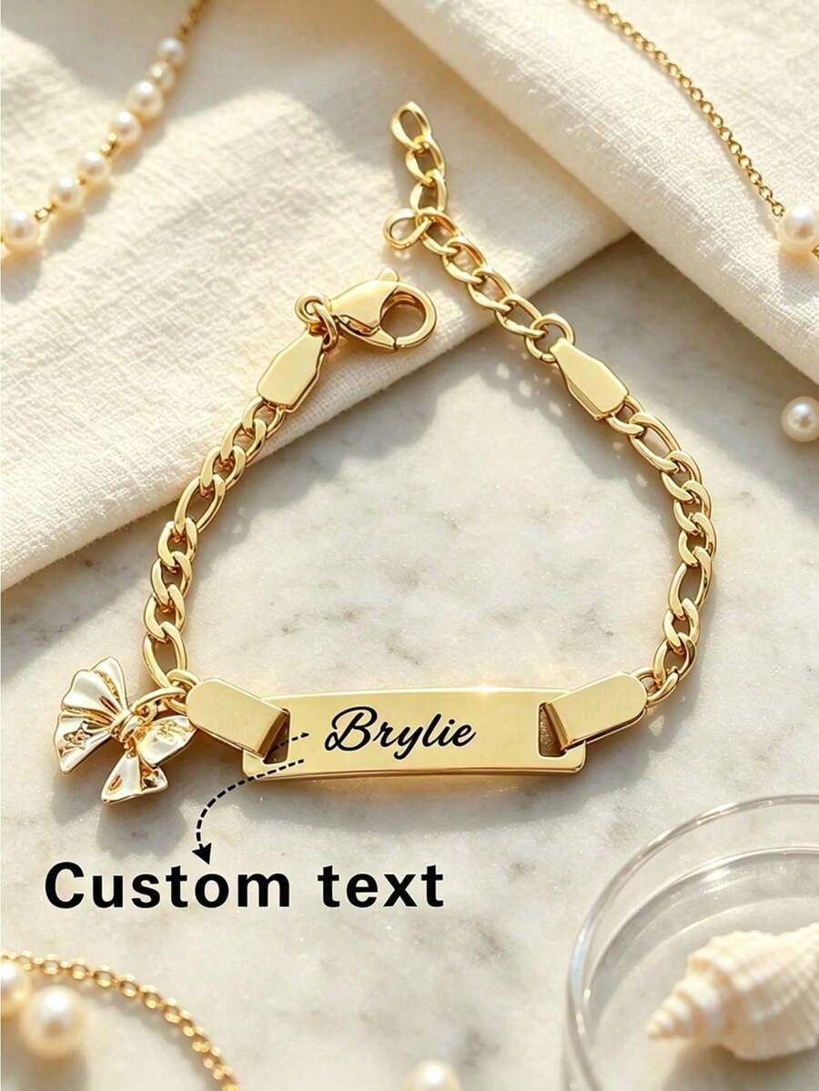 Customized Stainless Steel Laser Engraved Personalized Name Bow Bracelet, Cute Unisex Fashion Jewelry, Unique Gift For Boys Girls Graduation Back To S - Multicolor - View 1