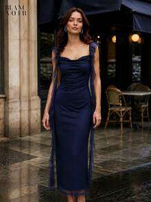 Navy Blue| Women's Elegant Navy Blue Sequin Mesh Ruffle Trim Bodycon Maxi Dress - 藍色 - 查看 8