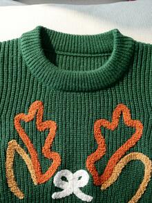 女童可愛聖誕馴鹿刺繡針織長袖套頭上衣，適合聖誕派對，春秋冬季穿著 - 綠色 - 查看 3