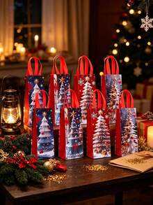 4pcs Red-Themed Christmas Gift Bag Featuring Snowflake And Christmas Tree Patterns; Suitable For Christmas Party Gift Wrapping, Holiday Wine Or Beverage Packaging, Christmas Dinner Party Favors, And More. - One Size Fits All - View 6