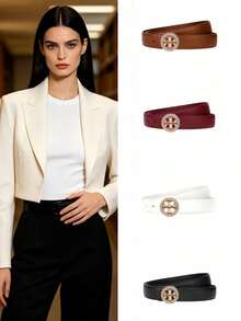 Women Circular Hollow‑Out Metal Buckle Waist Belt, Elegant Contrast Tone Buckle Design, Adjustable Solid Strap For Suit Trousers Daily Outfits - Multicolor - View 7