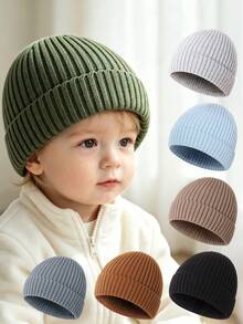 Solid Color Ribbed Knit Baby Beanie, Warm Elastic Infant Hat For Boys And Girls, Autumn/Winter Outdoor Warm Woolen Cap - Baby Boy Series - View 2