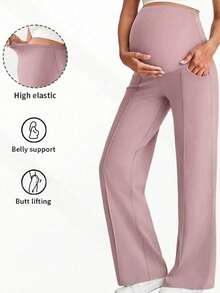 1pc Women's Maternity Pants, With Pockets, Elastic Waistband Doesn't Constrict Belly, Dual Pockets Convenient For Carrying Items - Mauve Purple - View 4