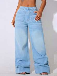 Celana Jeans Wanita Model Low Waist Wide Leg Casual Biru dengan Kantong Miring dan Lengkung untuk Musim Gugur - Baby Blue - View 3