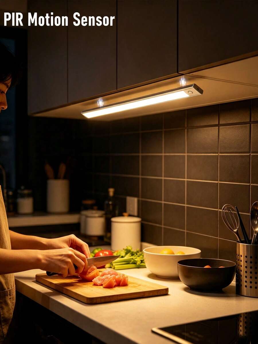 1pc Kitchen LED Motion Sensor Cabinet Light, Rechargeable Aluminum Alloy Under Cabinet Light, Motion Sensor Rechargeable LED Cabinet Light - Wireless, USB Powered Night Light, Suitable For Multiple Room Types, Wireless Magnetic Adhesive Night Light, Suitable For Wardrobe, Cabinet, Stairs, Hallway, Shelf