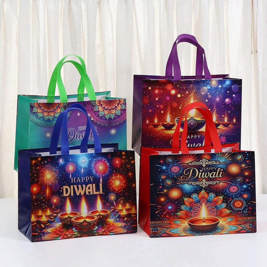 20/12/4pcs Diwali Gift Bags, Oil Lamp Double-Sided Print Tote Bags, Shopping Bags Suitable For Diwali Gift Giving And Blessing - Multicolor - View 1