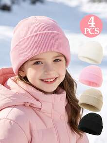 4pcs Multicolor Children's Folded Knit Hats, Soft Elastic Warm Winter Hats, Suitable For Boys And Girls, For Cold Weather Skiing Cycling Outdoor Wear - Knitted Hat - View 3