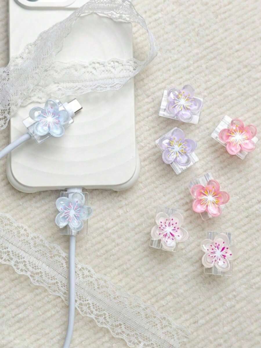 2pcs Clear Sakura Data Cable Protective Sleeve, Ins Gentle Girl Style Digital Accessory, Transparent Sakura Data Cable Protective Sleeve Compatible With Apple 18W/20W PD Fast Charging, Fresh Spring Overseas Gift - Multicolor - View 1
