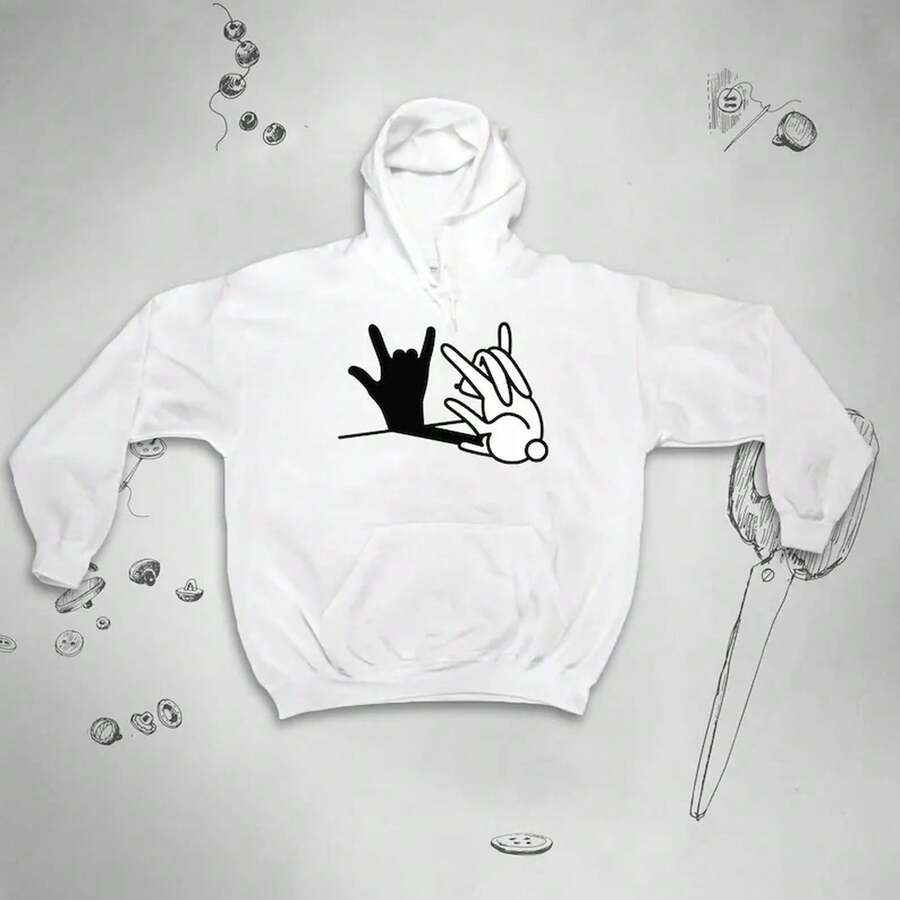 Unisex Fun Rabbit Hoodie,Cute Rock-Style Animal Pattern Design,Hooded Sweatshirt,Easter Gift. - 白色 - 查看 1