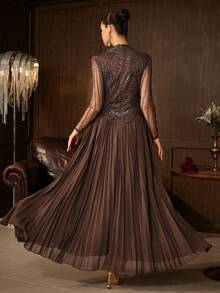 Elegant Women's Long Sleeve Stand Collar Rhinestone Pleated Maxi Dress, Suitable For Formal Evening Banquets And Balls - Coffee Brown - View 2