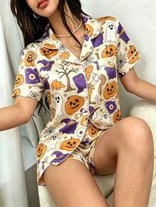 Dreamivo Women's Halloween Skull Ghost Pumpkin Print Collared Button-Up Shirt With Pockets Short Sleeve Top And Printed Shorts 2-Piece Pajama Set - Multicolor - View 5
