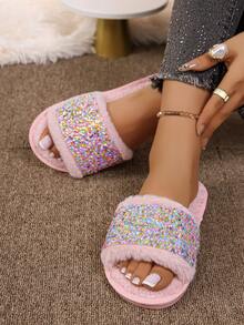 Women's Open Toe Flat Fuzzy Slippers With Colorful Sequin Decor, Hot Girl Style, Warm Casual Home Slippers For Autumn/Winter - Pink - View 2