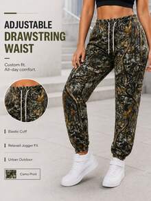 Women's Camo Jogger Pants, Adjustable Drawstring Elastic Waist, Relaxed Fit, Elastic Cuffs, Casual Outdoor Trousers - Grey - View 2