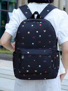 百搭時尚女款碎花雙肩帶後背包 學生校園包 - 黑色 - 查看 3