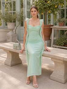 Ellow| Women's Elegant Yellow Sequin Mesh Ruffle Trim Bodycon Maxi Dress - 淺綠色 - 查看 5
