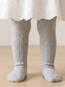 1 Pair Twisted Cable Fine Vertical Striped Candy Color Girls Tights, Solid Color Children's Socks For All Seasons, Double Needle Girls Tights - Grey - View 8