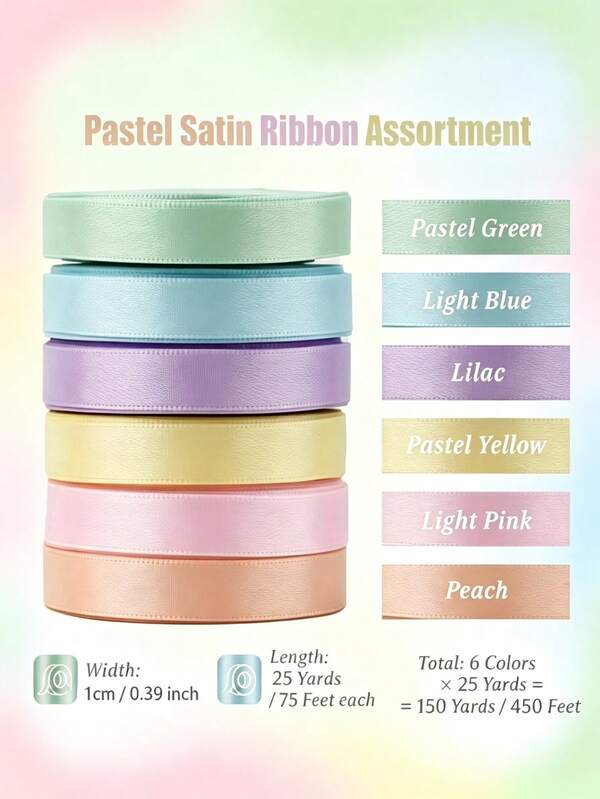 6 Colors X 25 Yards, Total 150 Yards Macaron Color 3/8 Inch Wide Premium Satin Ribbon, Gift Wrapping Ribbon Set, Suitable For Bouquets, Bows, Handmade Crafts, Birthday, Party, Wedding, Graduation Ceremony Decoration, Wedding Gift Wrapping, Bridal Shower Decoration, Bouquet DIY Crafts