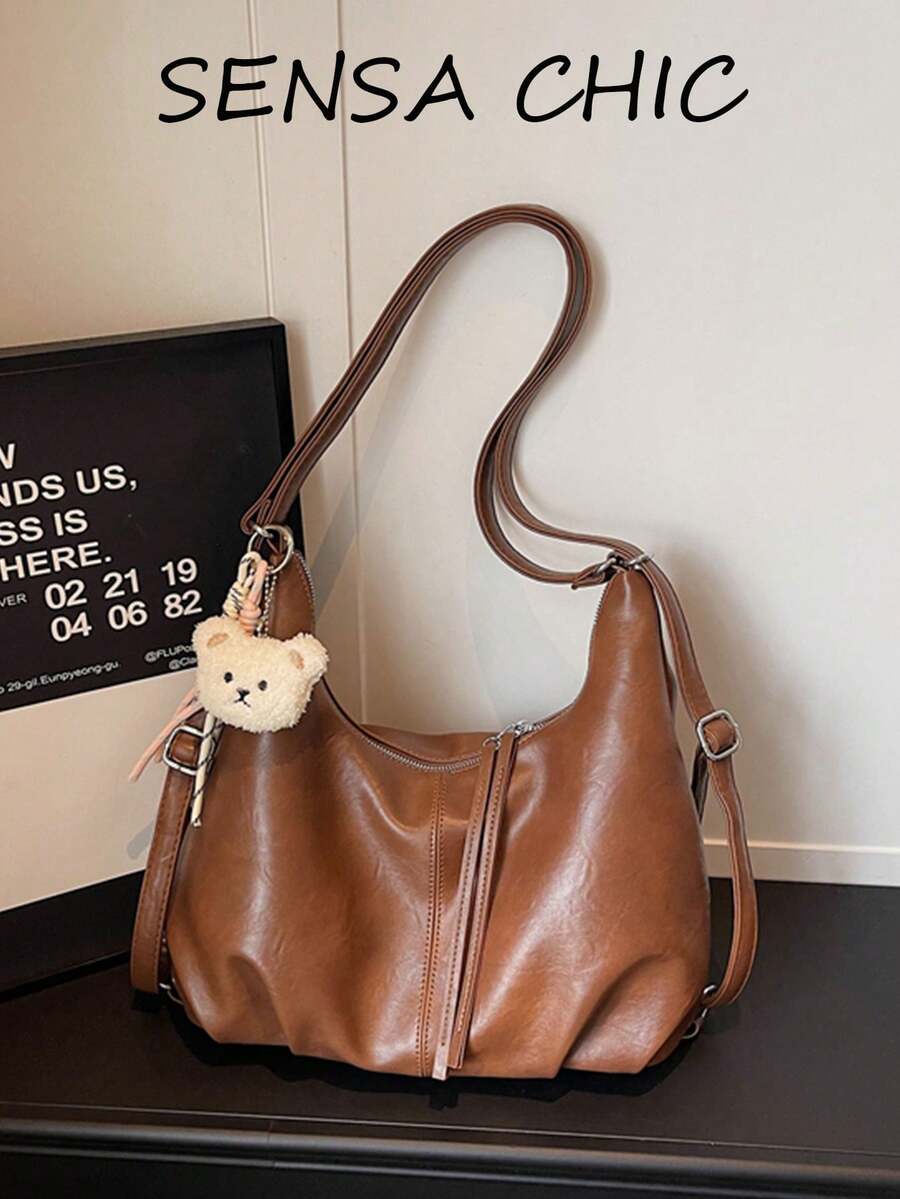 Relaxed Shoulder Bag, Soft Draping Body, With Adjustable And Detachable Shoulder Strap, Multiple Carrying Ways. Spacious Interior Storage, Neat Stitching, Lightweight And Comfortable To Wear, Suitable For Various Daily Outings, Versatile For Different Outfits, Balancing Aesthetic Appeal And Practicality. - Rust - View 1