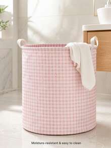 Portable Pink Fabric Storage Basket, Dual Handle Waterproof Laundry Basket, Suitable For Dormitory Bedroom And Bathroom, Large Capacity Grid Pattern Laundry Basket, Unisex, Closet Storage, Room Home Decor And Storage, Camping Travel Essential - Multicolor - View 11