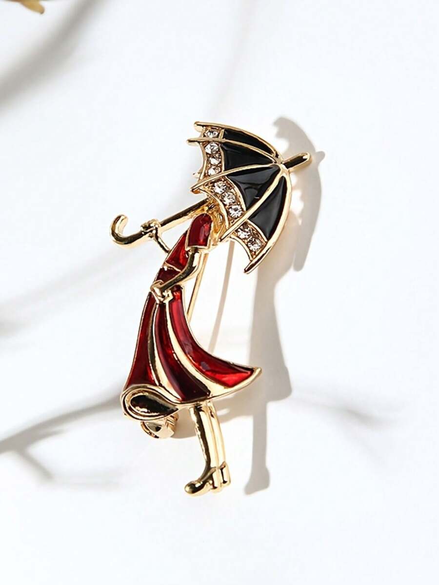 1pc Niche Creative Design Umbrella Lady Brooch, Fashionable High-End Luxury Personalized Pin, Versatile Women's Clothing Accessory Corsage - Red - View 1