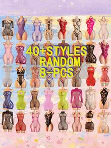 Plus Size Lingerie 8-Piece Random Assortment Set, Random Colors, Women's Sexy Mesh Dress, Hollow Design, Open Crotch Bodycon Bodysuit, Sexy Fishnet Teddy, Category: Plus Size Lingerie Bodysuit, Bodystocking - Multicolor - View 2