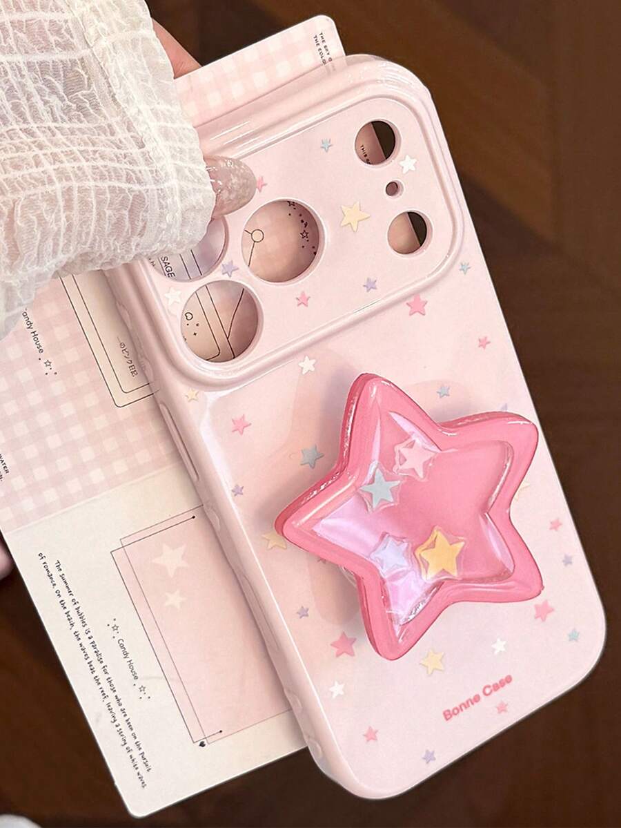 1pc Papaya Pink Bright Star + Pastel Star Shaker Stand Apple Phone Case Compatible With 11-17pm - Pink - View 1