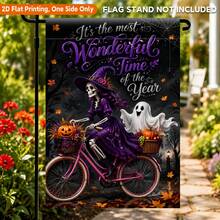 1pc 2D Flat Garden Flag, Halloween Theme Witch Riding Bicycle Polyester Garden Flag, Single-Sided Print, Suitable For Home And Garden, Holiday Decoration, Porch Decor, Flag Pole Not Included - A - View 6