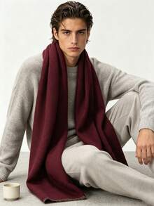 Low-Key Premium Solid Color Men's Long Fur Scarf, Thick Soft Fabric, Intellectual Style Daily Wear Warm Neck Warmer, Oversized Wide Shawl - Burgundy - View 2
