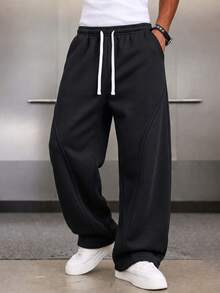 Solid Color Curved Split Wide Leg Sweatpants For Men, Drape Knit Fabric, Contrast White Double Drawstring, 3D Curved Stitching Tailoring, Loose Drape, Basic Loose Long Pants, Unisex - Black - View 8