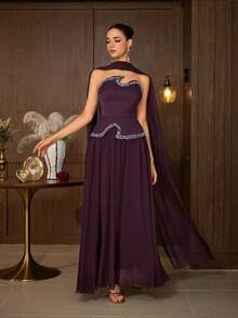 Elegant Women's Strapless Beaded Evening Gown, Asymmetrical Design, Perfect For Prom And Evening Events, 2 Pieces Set With Ribbon - Dark Purple - View 5