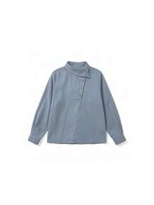 Women's Vertical Striped Diagonal Button Long Sleeve Shirt, Loose Fit, Casual Commute, Niche Design, Autumn Blouse - Blue - View 9