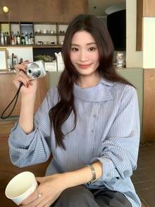 Women's Vertical Striped Diagonal Button Long Sleeve Shirt, Loose Fit, Casual Commute, Niche Design, Autumn Blouse - Blue - View 2