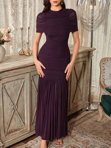 Elegant Women's Charming Long Stand Collar Pleated Chest Formal Evening Gown, Ruffle Flare Skirt, Perfect For Special Occasions - Maroon - View 6
