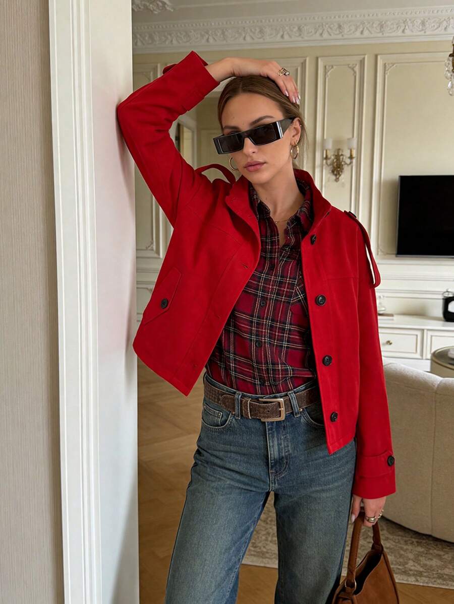 GMFP Women's Red Stand Collar Utility Short Jacket, Casual Commute Style Daily Shopping Commuting Independence Day World Cup Top - Red - View 1