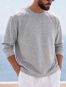 1pc Light Gray Men's Sweatshirt, Basic Crew Neck Pullover, Fine Knit Fabric, Draped Loose Fit, Minimalist Texture, Lazy Vacation Style, Machine Washable And Dry Cleanable, Early Autumn Short Trip Holiday Outfit - Light Grey - View 6