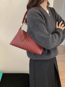 高級質感奢華 Ancara 紅色編織紋腋下包 女款新式法棍包 休閒通勤單肩手提包 - 酒紅色 - 查看 6