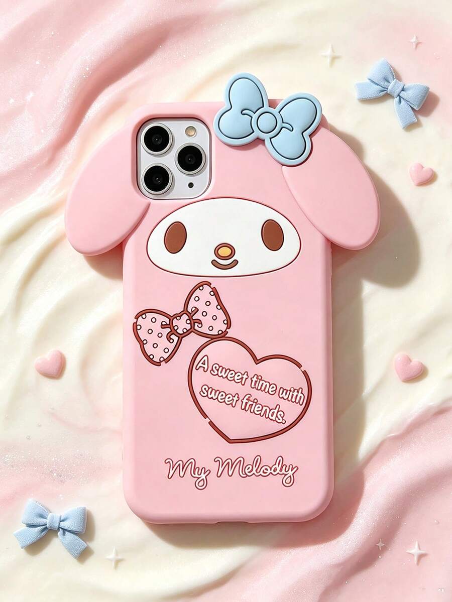 SANRIO Cartoon 3D Rabbit Heart Bow Phone Case, Shockproof Silicone Protective Cover, Compatible With Apple 17/17Air/17Pro/17Promax, 16/16Plus/16Pro/16Promax, 15/15Plus/15Pro/15Promax, 14/14Plus/14Pro/14Promax, 13/13Pro/13Promax, 12/12Pro/12Promax, 11/11Pro Max, XR/XSMAX, 7P/8P, 7/8/SE, Dust-Proof, Popular Style - Pink - View 1