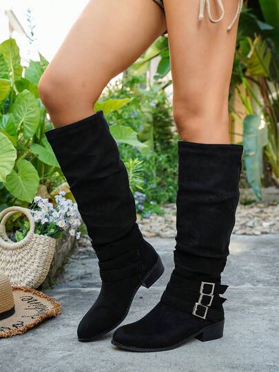 Women's Flat Buckle Slouchy Tall Boots, New Autumn/Winter Khaki Equestrian Riding Boots