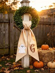 Custom Initial Wreath Decor Ribbon, Custom Initial Autumn Halloween Front Door Decor, Striped Satin Bow Autumn Halloween Front Door Decor, Farmhouse Style Autumn Home Decor, Farmhouse Style Thanksgiving Boxwood Wreath Ribbon - Multicolor - View 3