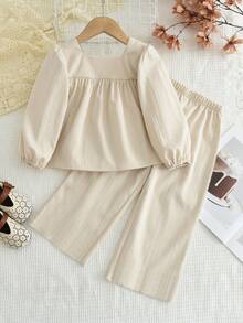 bearleader Young Girl Colorful Sunflower Embroidered Pleated Top And Loose Vacation Pants 2pcs Set - Beige - View 2