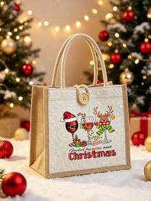 Beige Linen Tote Bag With Christmas Wine Glass & Reindeer Print, Suitable For Christmas Gifts, Travel And Daily Use - Multicolor - View 5
