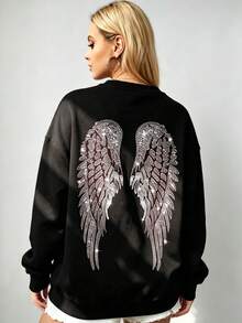 Women's Oversized Angel Wings Print Hoodie - Black Y2K Back Graphic Pullover,  Fall Winter  Streetwear , Comfy Oversized Silhouette2026 - 黑色2 - 查看 1