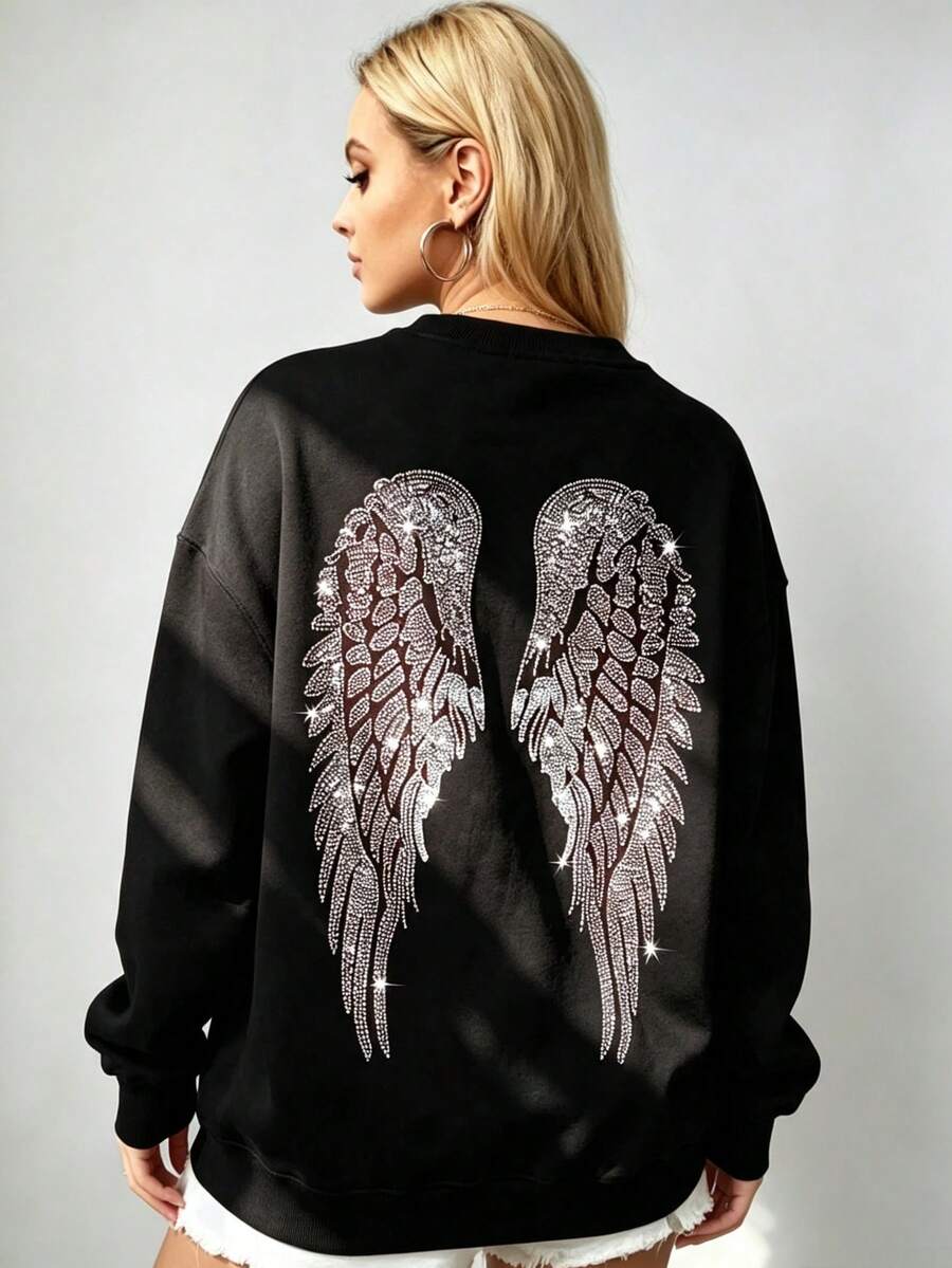 Women's Oversized Angel Wings Print Hoodie - Black Y2K Back Graphic Pullover, Fall Winter Streetwear , Comfy Oversized Silhouette2026 - 黑色2 - 查看 1