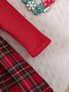 Baby Girl Autumn/Winter Christmas Holiday Fashion Sweet Preppy Red Knit Ribbed Crew Neck Long Sleeve Ruffle Big Bow 2 In 1 Plaid Dress And Headband, Suitable For Christmas Holiday Outfits - Red - View 5