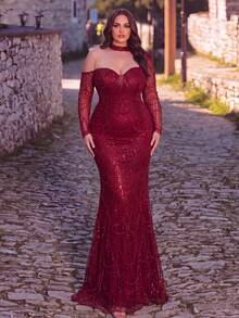 Plus Size Women's Elaborate Red Sequin Mermaid Formal Gown, One Shoulder Long Sleeve Dress With Delicate Beading For Prom Events - Burgundy - View 4
